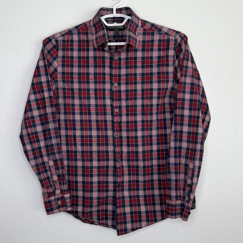 Express Modern Fit Plaid Button Up Shirt Red Blue Cotton Men’s Medium 15-15½